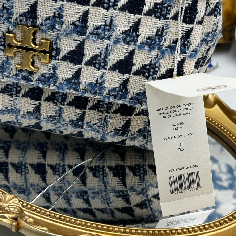 🆕TORY BURCH 🧿 NWT Kira Chevron Tweed Small Convertible Shoulder Bag, Tory Navy - Picture 3 of 14